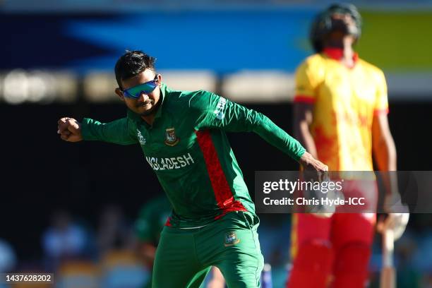 Mosaddek Hossain of Bangladesh celebrates winning the ICC Men's T20 World Cup match between Bangladesh and Zimbabwe at The Gabba on October 30, 2022...