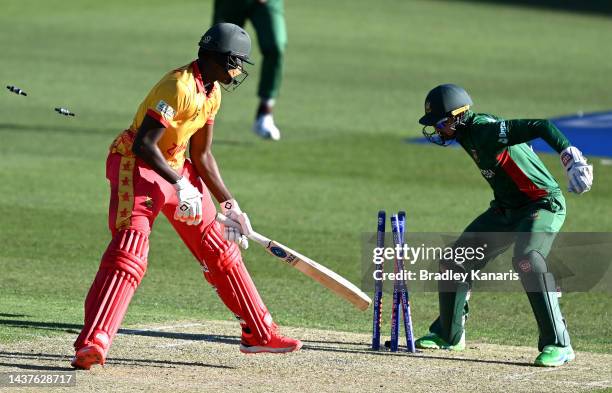 Nurul Hasan of Bangladesh stumps Richard Ngarava of Zimbabwe during the ICC Men's T20 World Cup match between Bangladesh and Zimbabwe at The Gabba on...