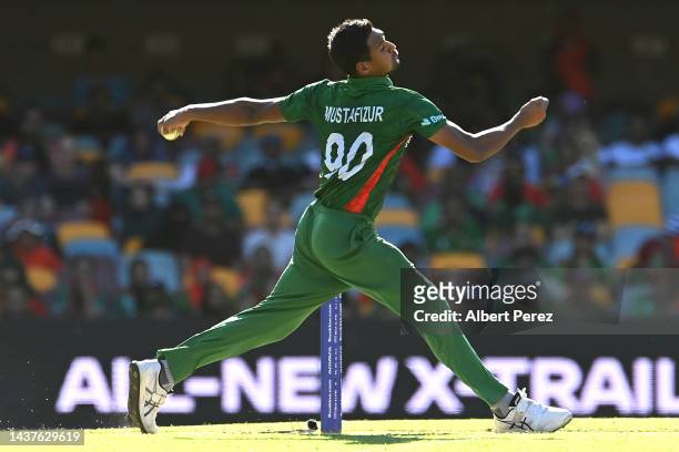 Mustafizur Rahman of Bangladesh bowls during the ICC Men's T20 World Cup match between Bangladesh and Zimbabwe at The Gabba on October 30, 2022 in...