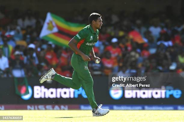 Mustafizur Rahman of Bangladesh bowls during the ICC Men's T20 World Cup match between Bangladesh and Zimbabwe at The Gabba on October 30, 2022 in...