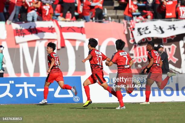 Koki SAKAMOTO of Roasso Kumamoto celebrates scoring his side's first/ goal with his team mates during the J.LEAGUE J.LEAGUE J1/J2 Playoff first round...