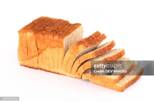 delicious bread against white background - slice of bread stock pictures, royalty-free photos & images