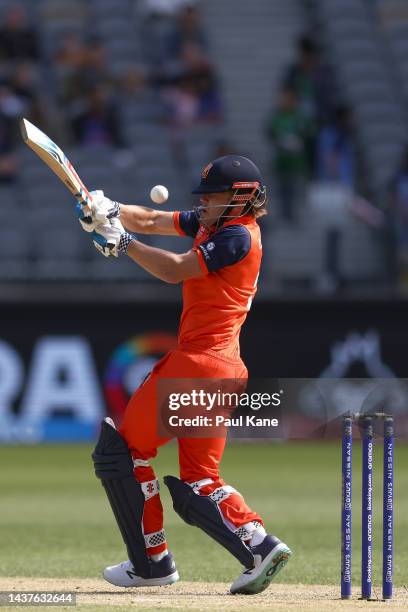 Bas de Leede of the Netherlands is struck by a delivery off Haris Rauf of Pakistan during the ICC Men's T20 World Cup match between Pakistan and...