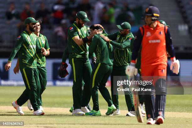 Shadab Khan of Pakistan celebrates the wicket of Tom Cooper of the Netherlands during the ICC Men's T20 World Cup match between Pakistan and...