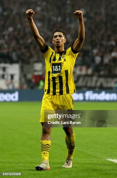 Jude Bellingham of Dortmund celebrates after winning the Bundesliga match between Eintracht Frankfurt and Borussia Dortmund at Deutsche Bank Park on...