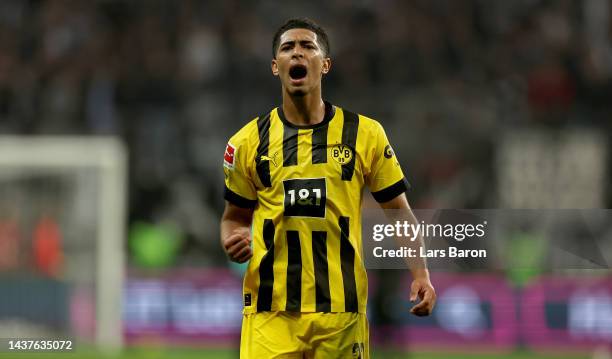 Jude Bellingham of Dortmund celebrates after winning the Bundesliga match between Eintracht Frankfurt and Borussia Dortmund at Deutsche Bank Park on...