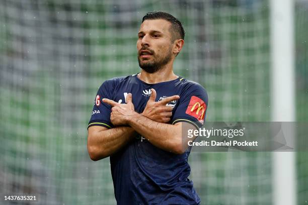 Kosta Barbarouses of the Phoenix celebrates scoring a goal during the round four A-League Men's match between Melbourne City and Wellington Phoenix...