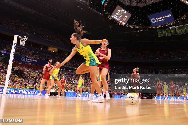 Amy Parmenter of Australia and Jade Clarke of England compete for the ball during game two of the International Test series between the Australia...