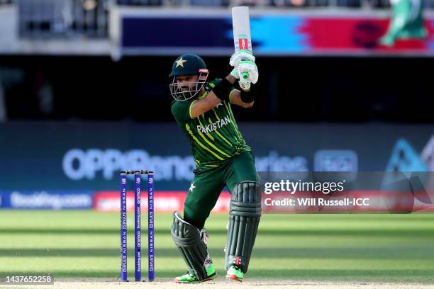Mohammad Rizwan of Pakistan bats during the ICC Men's T20 World Cup match between Pakistan and Netherlands at Perth Stadium on October 30, 2022 in...