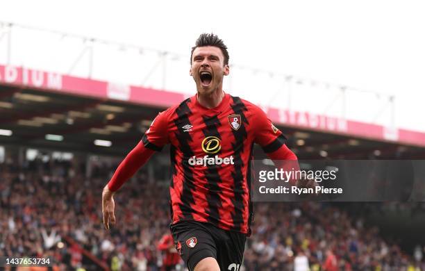 Kieffer Moore of AFC Bournemouth celebrates scoring their side's first goal during the Premier League match between AFC Bournemouth and Tottenham...