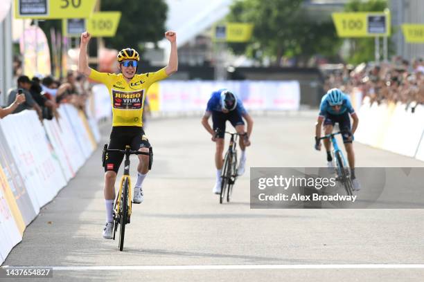 Jonas Vingegaard Rasmussen of Denmark and Team Jumbo - Visma Yellow Leader Jersey celebrates at finish line as race winner ahead of Christopher...