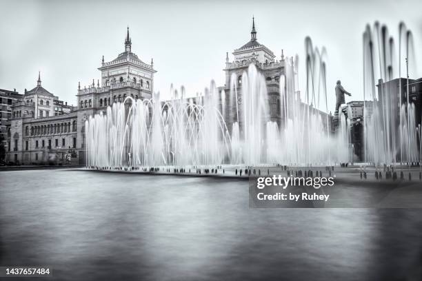 long exposure of a fountain with many water jets, with the cavalry academy of valladolid (spain) in the background in black and white. - valladolid spanish city stock-fotos und bilder