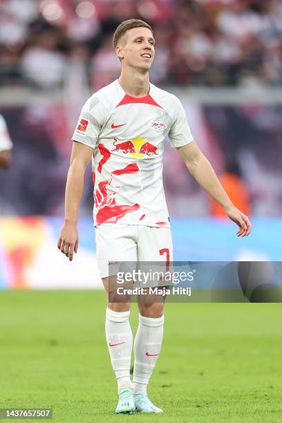 Dani Olmo, of RB Leipzig reacts during the Bundesliga match between RB Leipzig and Bayer 04 Leverkusen at Red Bull Arena on October 29, 2022 in...