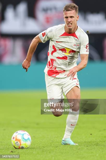 Dani Olmo, of RB Leipzig controls the ball during the Bundesliga match between RB Leipzig and Bayer 04 Leverkusen at Red Bull Arena on October 29,...