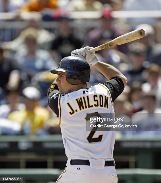 Jack Wilson of the Pittsburgh Pirates bats against the Milwaukee Brewers during a game at PNC Park on May 15, 2005 in Pittsburgh, Pennsylvania. The...
