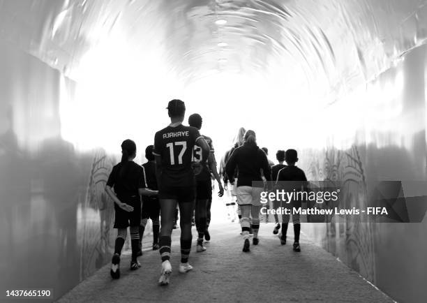 Nigeria and Germany walk out of the tunnel ahead of the FIFA U-17 Women's World Cup 2022 3rd & 4th play-off match between Nigeria and Germany at DY...