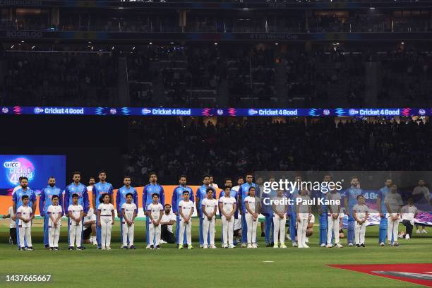 Indian players line up for the national anthem during the ICC Men's T20 World Cup match between India and South Africa at Perth Stadium on October...