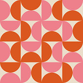 Mid Century Modern Half circles seamless pattern in orange and pink.