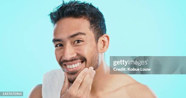 mockup, clean or face portrait of man happy after facial skincare routine, body cleaning or wellness wash. satisfaction smile of young person with bath shower towel, self care or check beard grooming - beard care stock pictures, royalty-free photos & images