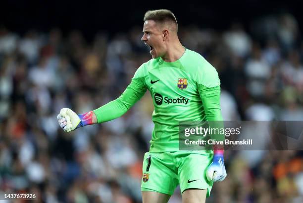 Marc-Andre ter Stegen of FC Barcelona celebrates after teammate Robert Lewandowski scores their team's first goal during the LaLiga Santander match...