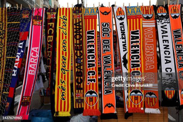 Detail view of a Valencia CF and Barcelona scarfs outside the stadium prior to the LaLiga Santander match between Valencia CF and FC Barcelona at...