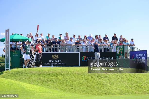 General view of Benjamin Hebert of France tees off on the 1st hole during Day Four of the Portugal Masters at Dom Pedro Victoria Golf Course on...