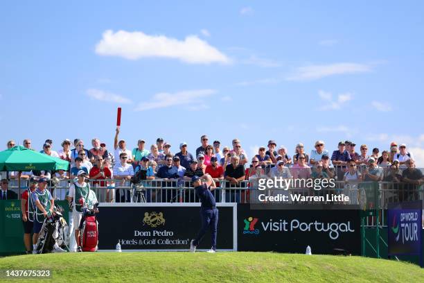 General view as Eddie Pepperell of England tees off on the 1st hole during Day Four of the Portugal Masters at Dom Pedro Victoria Golf Course on...