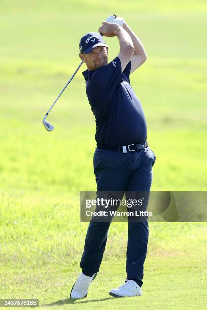 David Drysdale of Scotland plays their second shot on the 3rd hole during Day Four of the Portugal Masters at Dom Pedro Victoria Golf Course on...