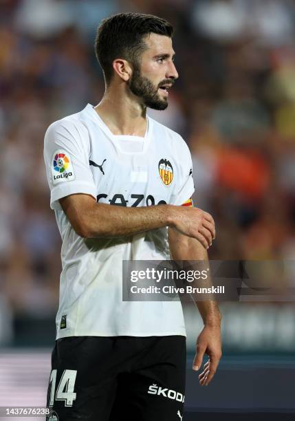 Jose Gaya of Valencia CF during the LaLiga Santander match between Valencia CF and FC Barcelona at Estadio Mestalla on October 29, 2022 in Valencia,...