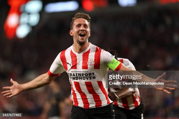 Luuk de Jong of PSV celebrates scoring his teams second goal of the game with team mate Ibrahim Sangare behind him during the UEFA Europa League...