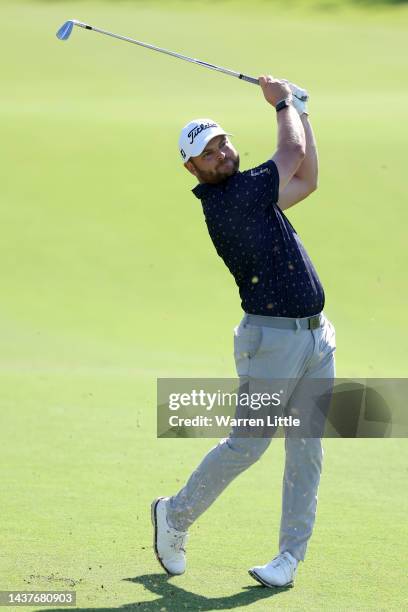 Jordan Smith of England plays their second shot on the 3rd hole during Day Four of the Portugal Masters at Dom Pedro Victoria Golf Course on October...