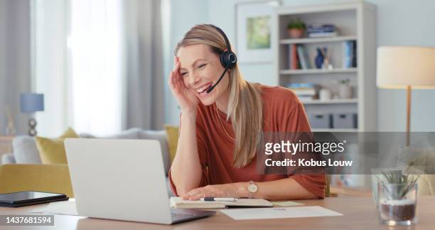 contact us, laptop and happy telemarketing woman in crm customer service, virtual online support or digital manage in house. call center consultant, agent or business remote worker in home office - quarantine stock pictures, royalty-free photos & images