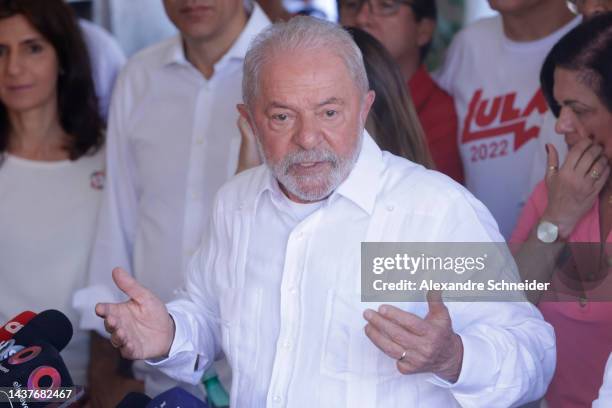 Candidate Luiz Inácio Lula Da Silva of Workers’ Party gives a press conference after casting his vote at Escola Estadual Firmino Correia De Araújo on...