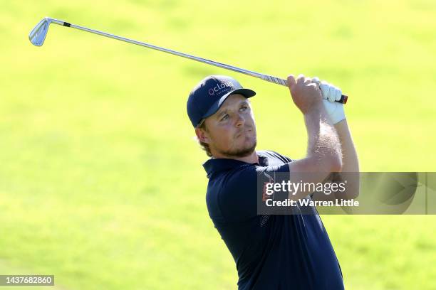 Eddie Pepperell of England plays their second shot on the 3rd hole during Day Four of the Portugal Masters at Dom Pedro Victoria Golf Course on...