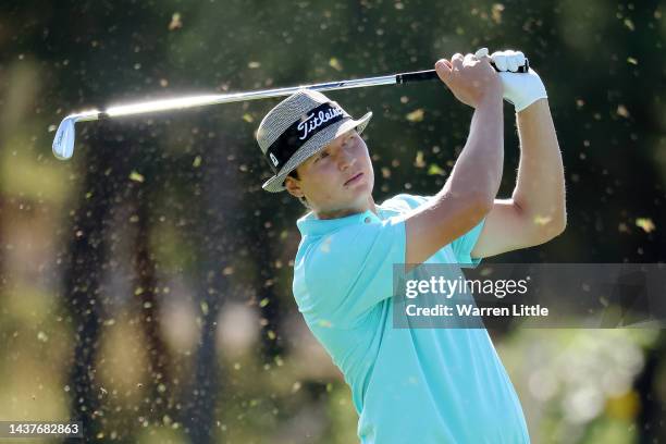 Tapio Pulkkanen of Finland plays their second shot on the 3rd hole during Day Four of the Portugal Masters at Dom Pedro Victoria Golf Course on...