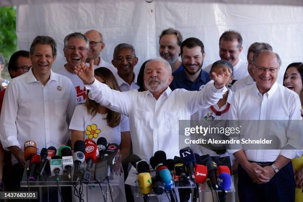 Candidate Luiz Inácio Lula Da Silva of Workers’ Party gives a press conference after casting his vote at Escola Estadual Firmino Correia De Araújo on...