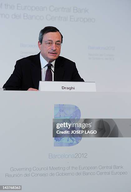 European Central Bank President Mario Draghi gives a press conference after a governing council meeting of the European Central Bank on May 3, 2012...