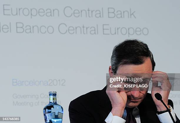 European Central Bank President Mario Draghi gives a press conference after a governing council meeting of the European Central Bank on May 3, 2012...