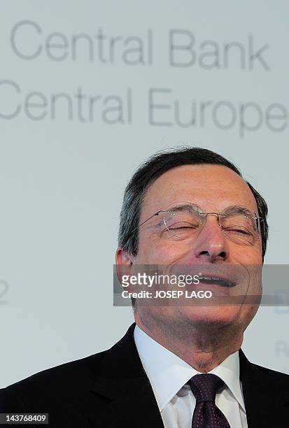 European Central Bank President Mario Draghi gives a press conference after a governing council meeting of the European Central Bank on May 3, 2012...