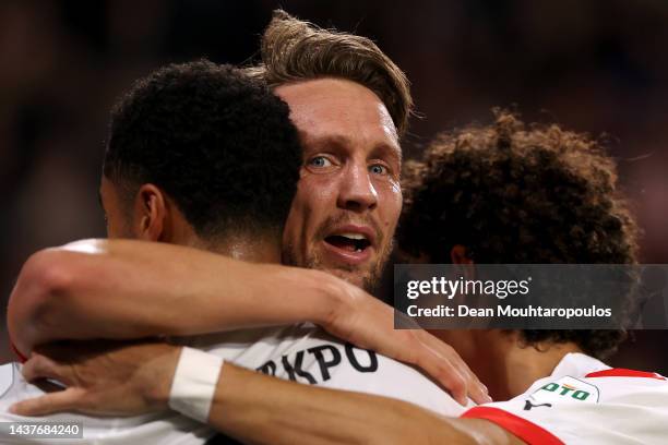 Luuk de Jong of PSV celebrates scoring his teams second goal of the game with team mates Cody Gakpo and Andre Ramalho during the UEFA Europa League...