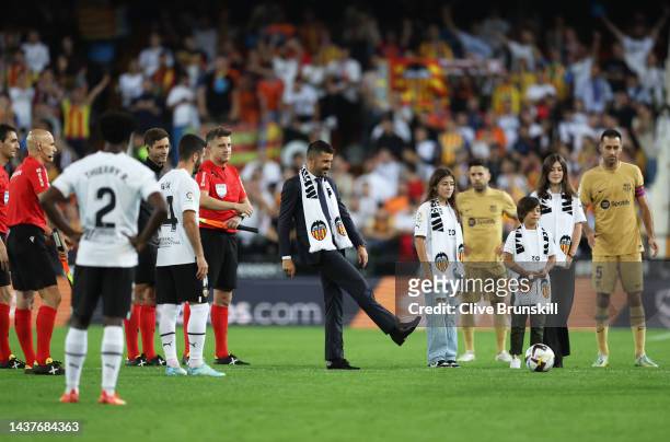 David Villa, former professional player of Valencia CF and FC Barcelona takes an honour kick off prior to the LaLiga Santander match between Valencia...