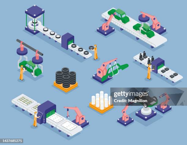 stockillustraties, clipart, cartoons en iconen met electric car factory isometric vector - robotic arm factory