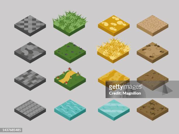 stockillustraties, clipart, cartoons en iconen met blocks of different soil isometric elements for landscape - bouwpakket