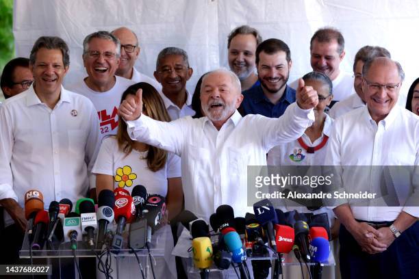 Candidate Luiz Inácio Lula Da Silva of Workers’ Party gives a press conference after casting his vote at Escola Estadual Firmino Correia De Araújo on...