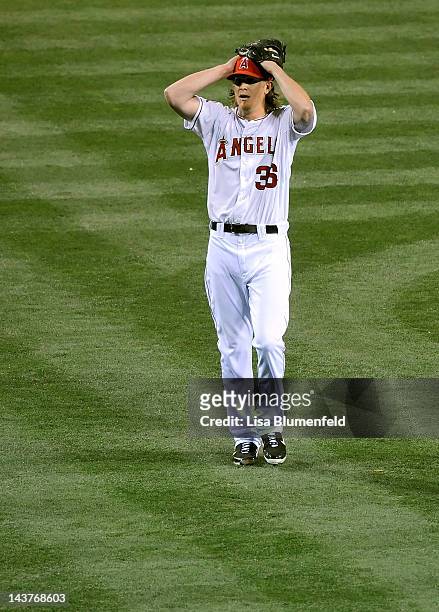 Jered Weaver of the Los Angeles Angels of Anaheim reacts after throwing a no-hitter to defeat the Minnesota Twins 9-0 at Angel Stadium of Anaheim on...