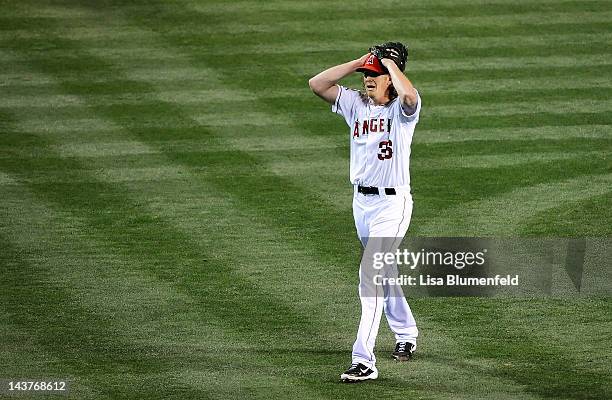 Jered Weaver of the Los Angeles Angels of Anaheim reacts after throwing a no-hitter to defeat the Minnesota Twins 9-0 at Angel Stadium of Anaheim on...