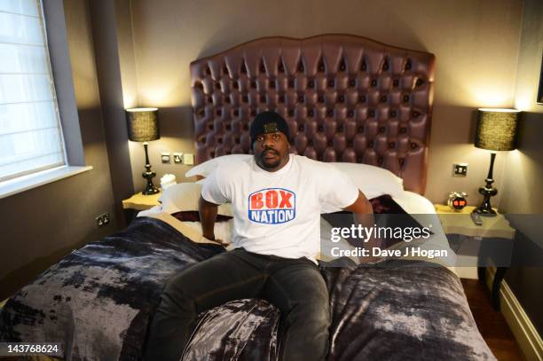 Dereck Chisora poses in his suite at The Sanctum Hotel to promote the Mayweather vs Catto fight on Boxnation on May 3, 2012 in London, England.