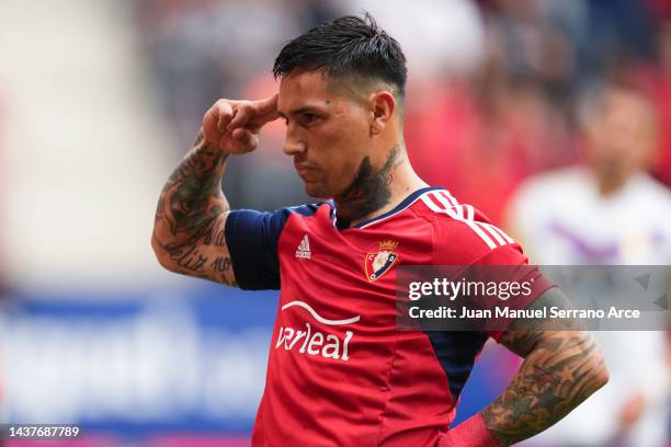 Ezequiel Avila of Osasuna celebrates after scoring their team's first goal during the LaLiga Santander match between CA Osasuna and Real Valladolid...