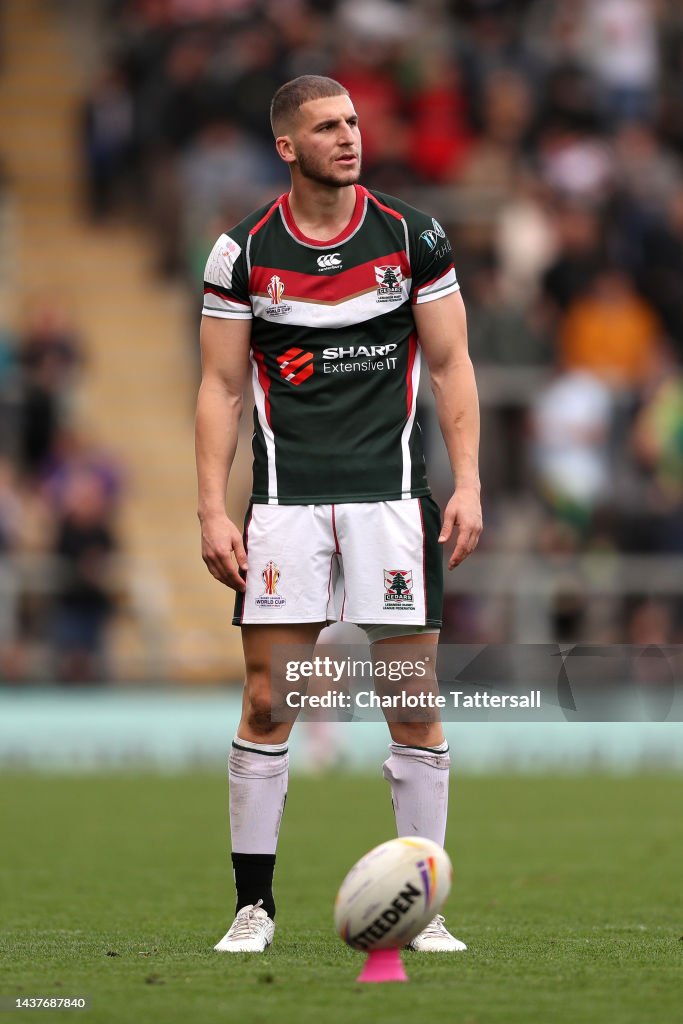 Adam Routledge Rugby Adam Doueihi of Lebanon kicks during Rugby League World Cup 2021 Pool ...