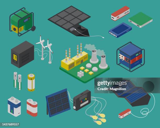 ilustraciones, imágenes clip art, dibujos animados e iconos de stock de vector isométrico de fuentes de energía portátiles - diesel powered generator
